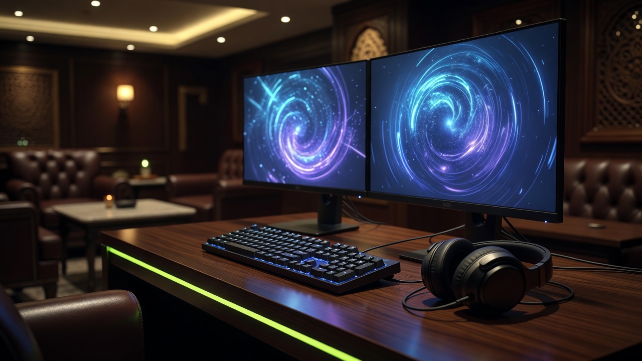 Concept image of a dual-monitor PC station in a dark lounge